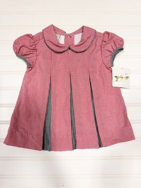 Girls' Red Gingham Pleated Dress with Contrast Trim
